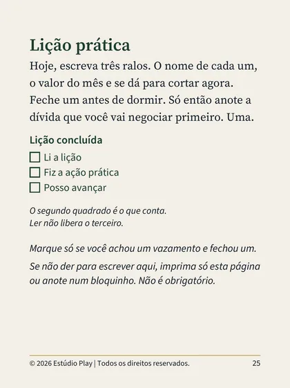 Lição prática da Lição 1, com três quadrados para marcar