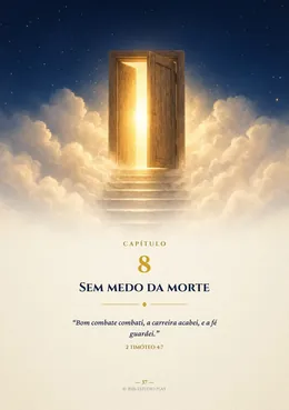 Abertura do capítulo 8, “Sem medo da morte”, com uma porta aberta para a luz acima das nuvens e o versículo de 2 Timóteo 4:7